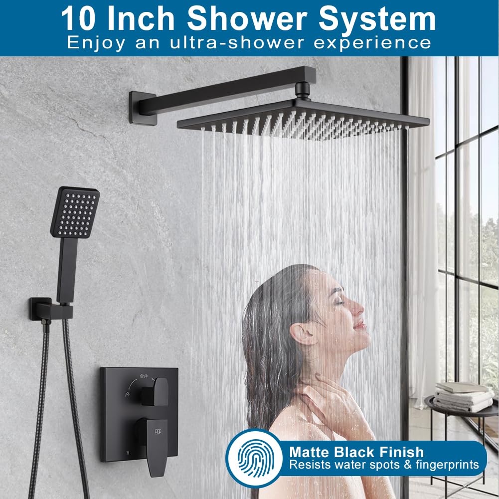 Matte Black Shower Faucet Set Rainfall 10 Inch Shower Head and Handle Set Bathroom Rain Shower System Wall Mounted