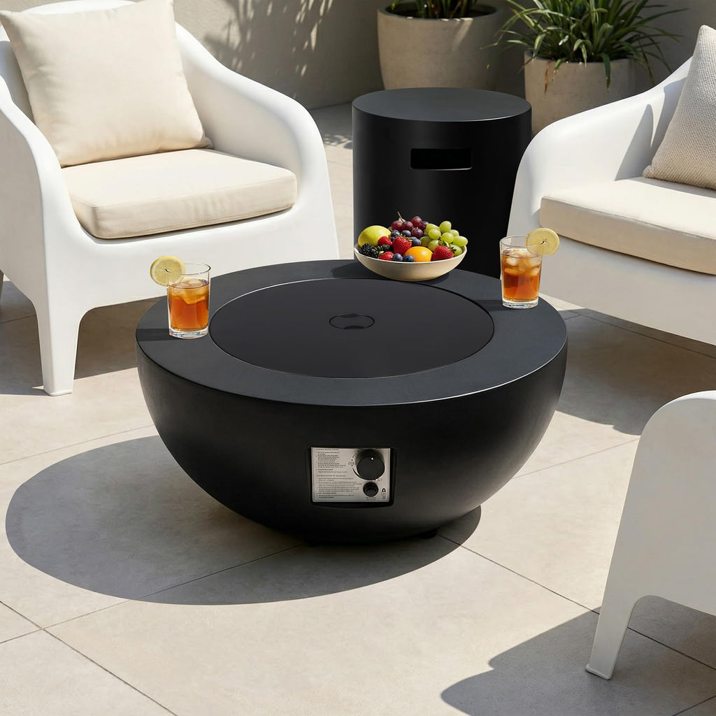 2-Piece Outdoor Propane Fire Pit Table Set w/Tank Cover Table, 31.5-inch 50, 000 BTU Black Bowl Concrete Firepit
