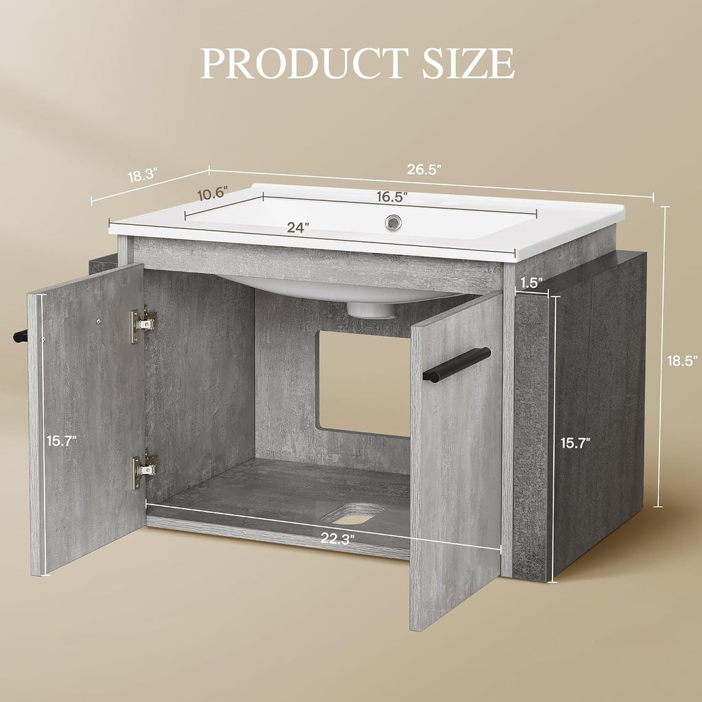 36" Modern Wall Mounted Bathroom Vanity with Sink - White & Gray Cabinet with 2 Soft-Close Doors