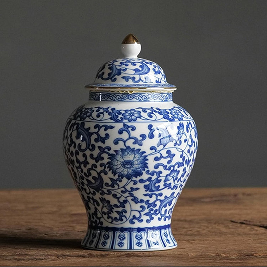 Blue and White Ceramic Ginger Jar with Lid, Chinoiserie Decorative Vase Decor, Table Centerpiece, Style