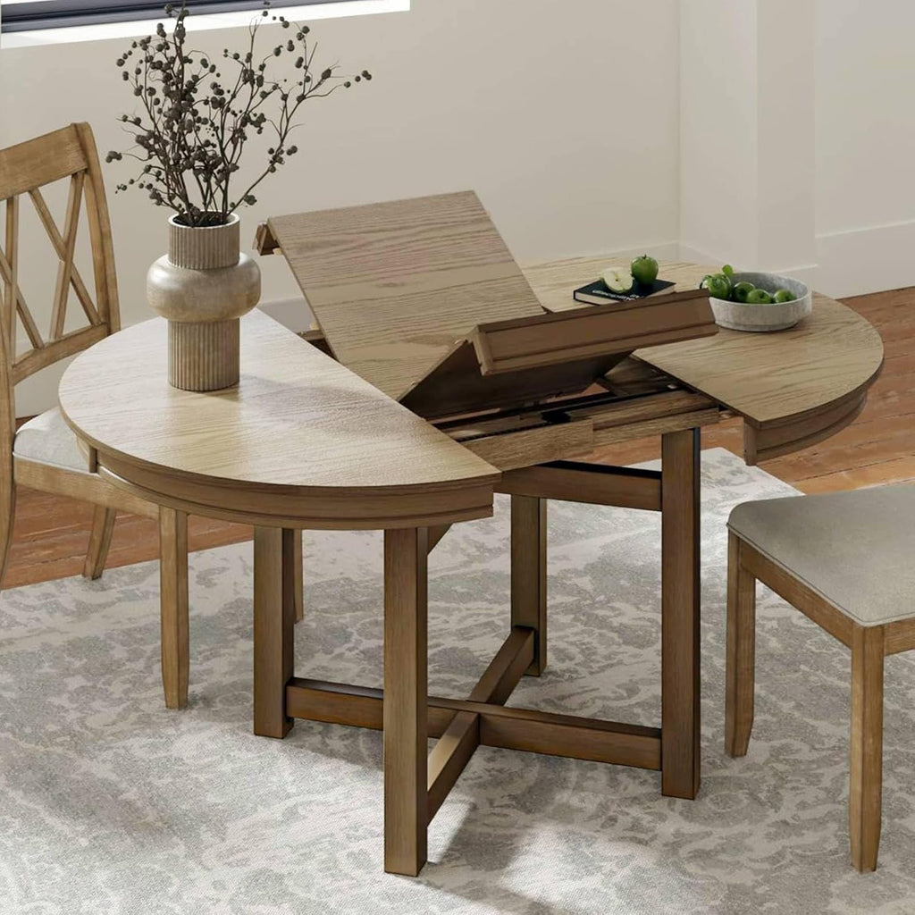 42"-60" Extendable Dining Table for 4, Solid Wood Round Oval Expandable Kitchen Dining Room Table with Butterfly