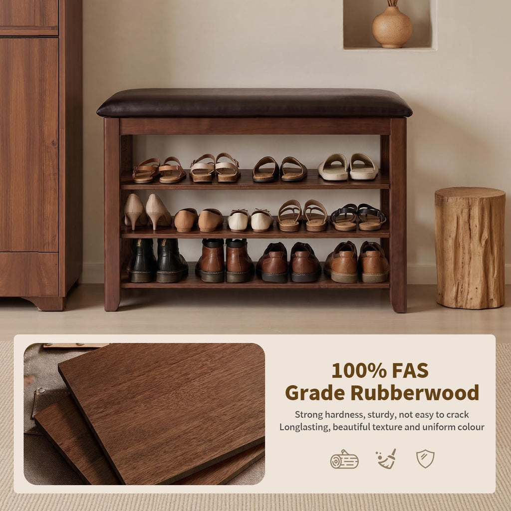 Solid Wood Shoe Rack Bench Bench with Leather Cushion