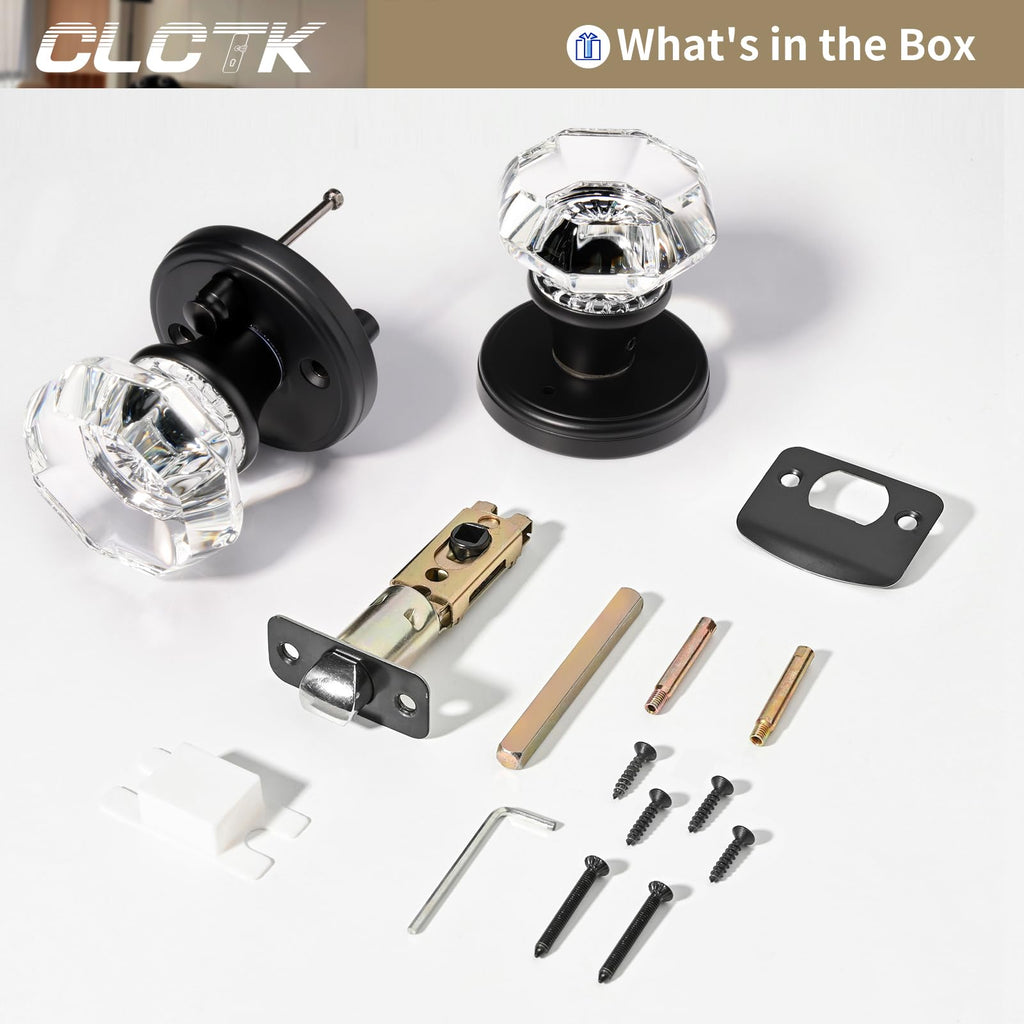 Glass Door Knobs Interior with Lock, Octagon Crystal Privacy Round Matte Black Door Knobs Bathroom