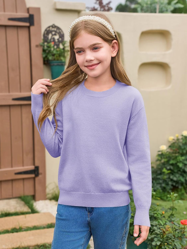 Haloumoing Girls Long Sleeve Sweaters Kids Casual Crew Neck Knit Cute Fall Pullover Tops