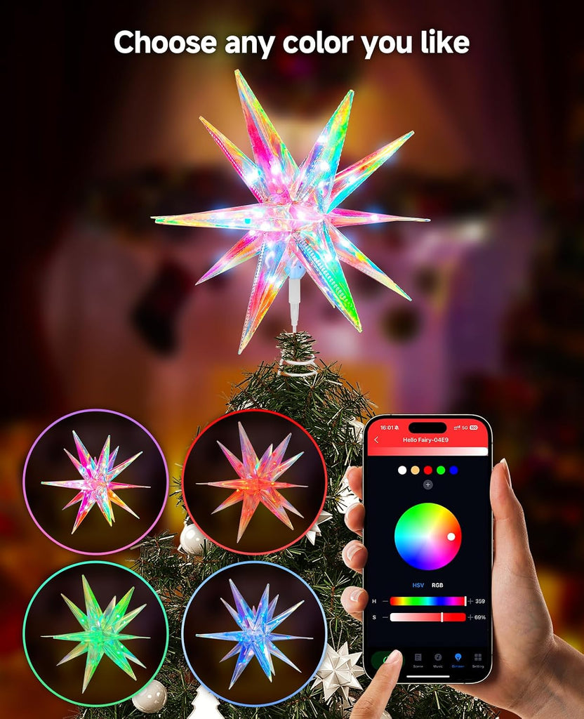 Christmas Tree Topper, 11.8" Star Tree Topper Decorations with App and Remote Control, 3D Fantasy Colors Xmas Decor