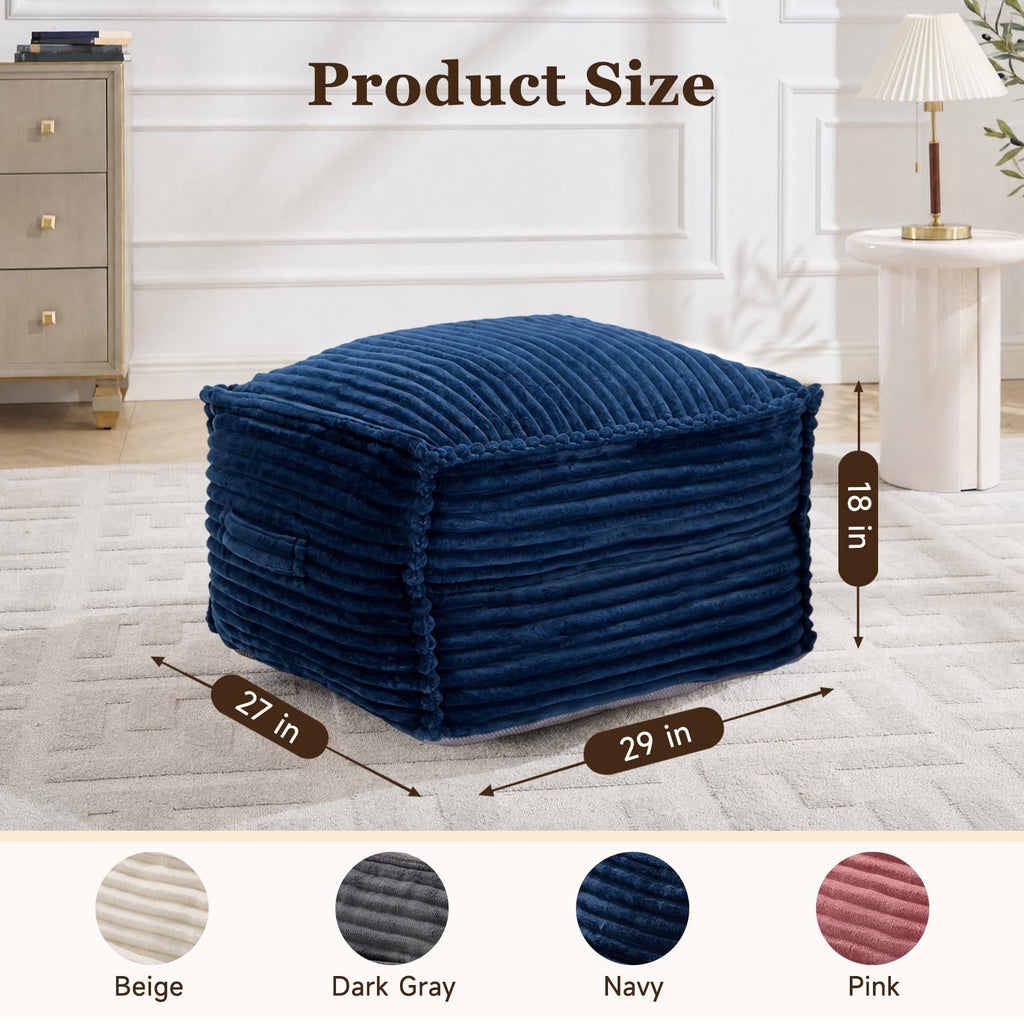 Square Stuffed Pouf Ottoman with Foam Chunk Filling, Navy