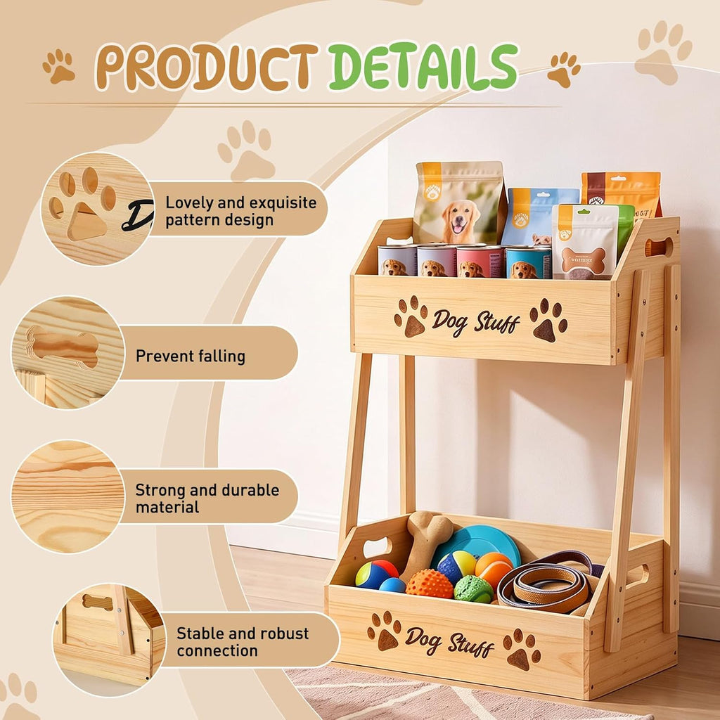 2 Tier Large Dog Toy Storage Bin Wood Toy Basket Box with Handle