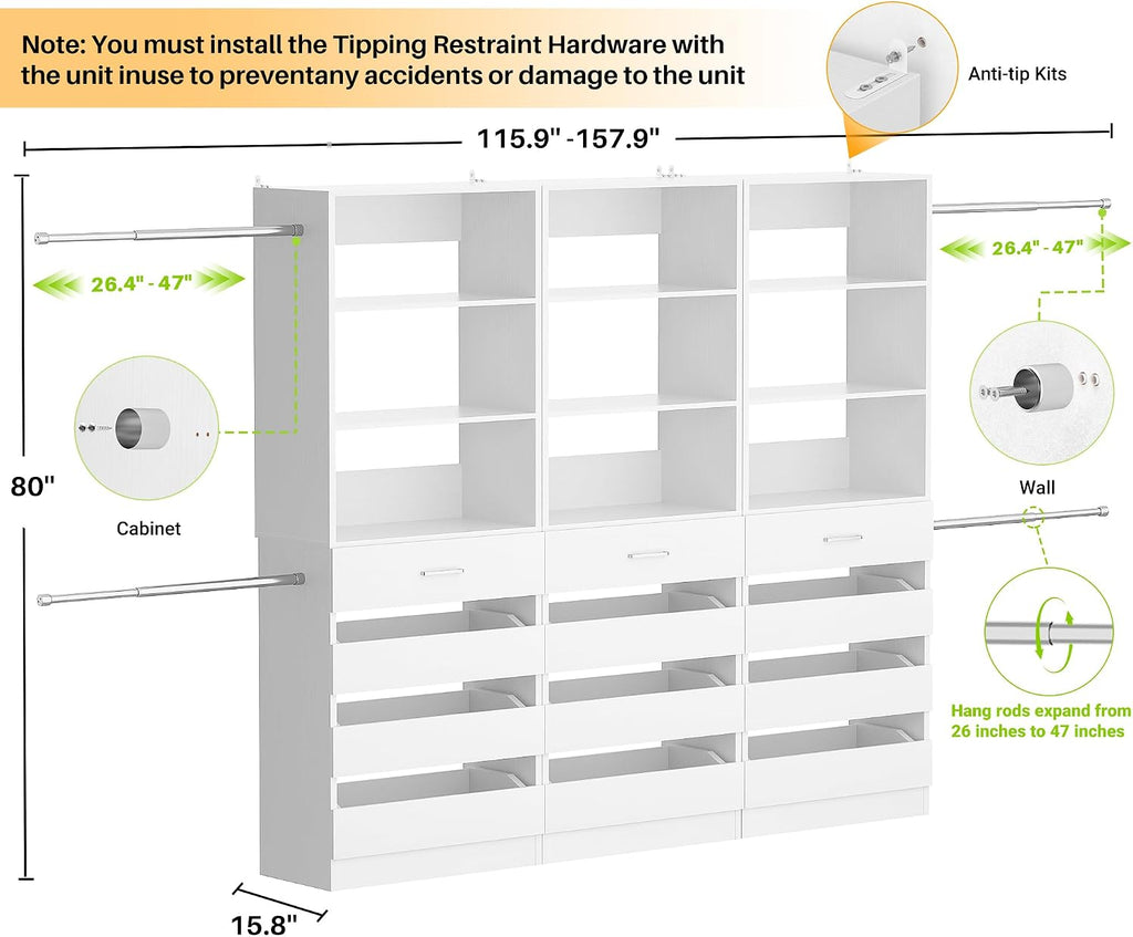 Closet System with 12 Drawers, 8.5-11.5Ft Wood Closet Organizer System with 4 Hanging Rods & 3 Towers, 4Ft & 6Ft