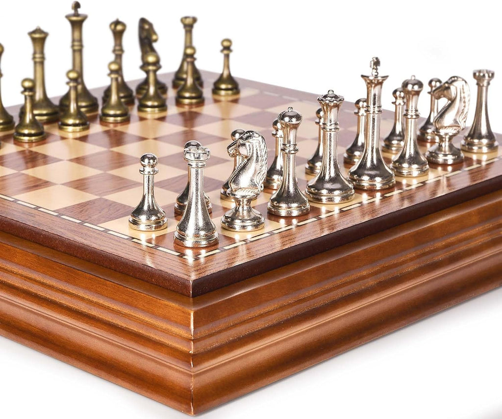 Wooden Chess Board Set with Pieces Storage for Adults Kids, 12.5 Inch Chess Set with Metal Pieces, Unique Chess Game