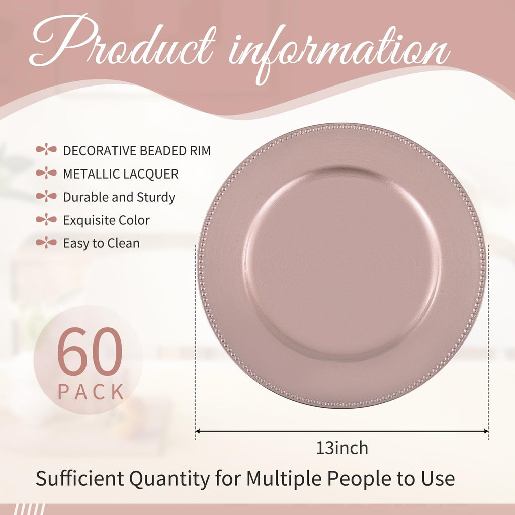 60 Pack Rose Gold Charger Plates, 13'' Round Beaded Plastic Plate