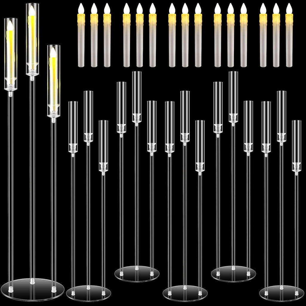 6 Set Acrylic Candelabra Centerpieces 3 Arms with 18 LED Candles 42.5'' Floor Tall Candle Holders with Acrylic Shade