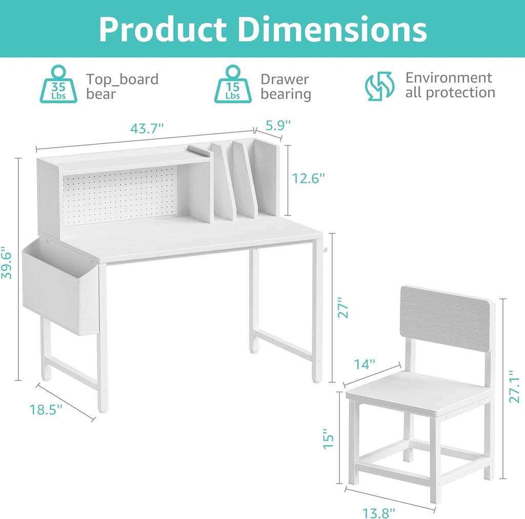 Kids Desk and Chair Set for 6-12 Year Old, Children Study Desk with Hutch and Pegboard, Student Writing Table
