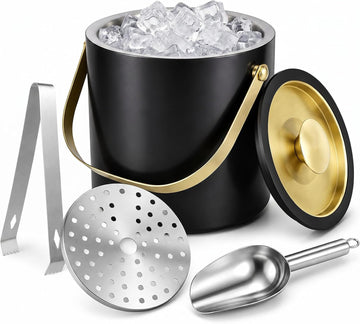 3L Modern Insulated Ice Bucket with Silicone Lid, Scoop, Strainer Double Wall Insulated Stainless Steel Ice-Bucket