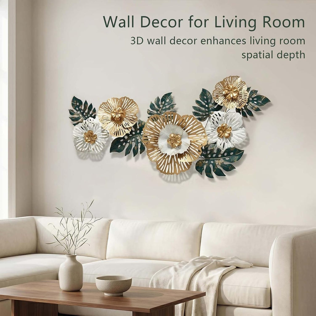 54" Large Metal Wall Art, 3D Floral Wall Decoration for Livingroom