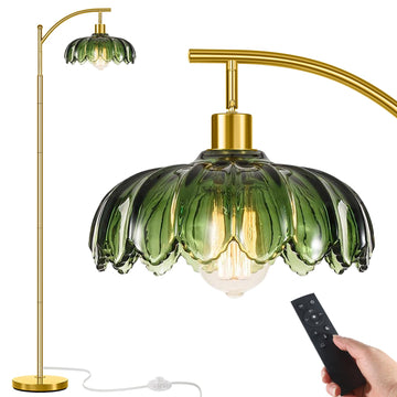 Gold Floor Lamp with Remote Control, Unique Vintage Standing Tall Lamp, Mid Century Modern Floor Lamps Arc Green Glass