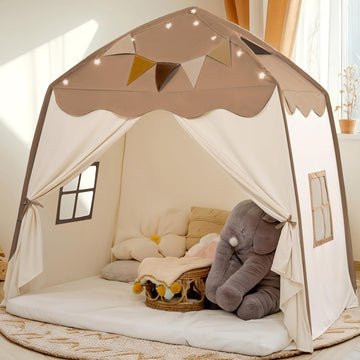 Extra Large Kids Play Tent with Flags & Star Lights, Portable & Foldable Teepee Tents, Dome Tent Playhouse for Indoor