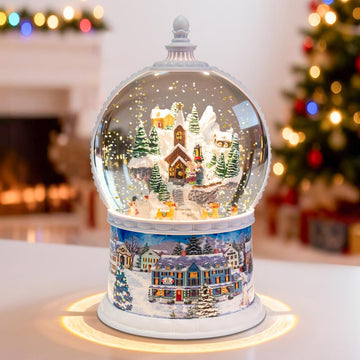 Large Carousel Snow Globe, Lighted Glitter Christmas Village with Santa Elk Sleigh, Musical Snow Globe 8 Songs, 6H