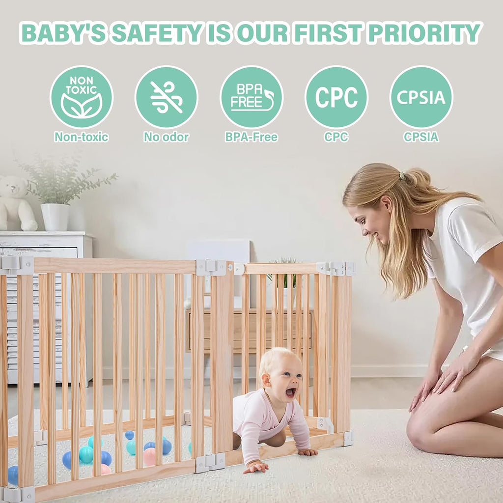 Foldable Wooden Playpen-51x51x25in-Large Baby Gate Playpen with Child-Proof Lock-Easy Assembly, Portable Design for