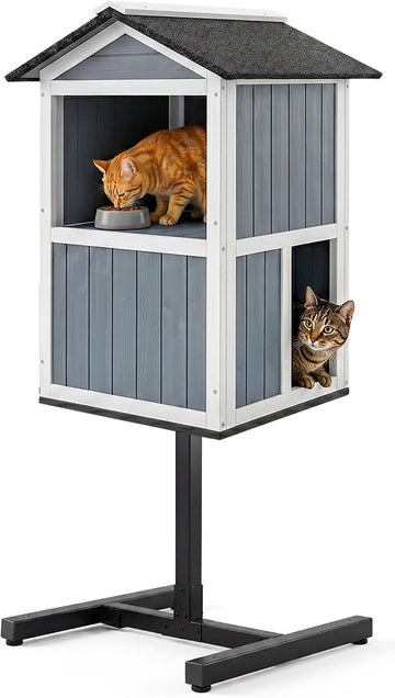 2 Story Outdoor Cat Feeding Station & Shelter, Weatherproof Elevated Feral Cat House with Steel Stand, Feeding