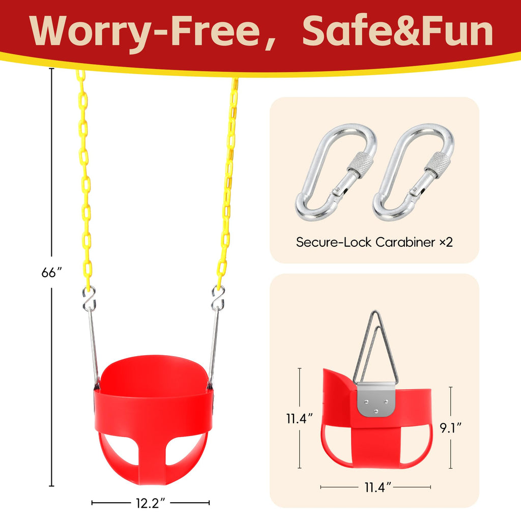 High Back Full Bucket Toddler Swing Seat with Finger Grip, Plastic Coated Chains and Carabiners for Easy Install