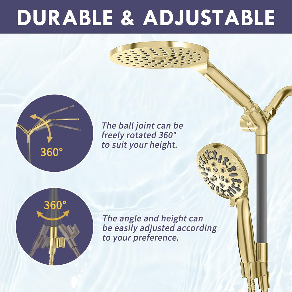 Brushed Gold Dual Shower Heads with 9 Modes Handheld Spray Combo