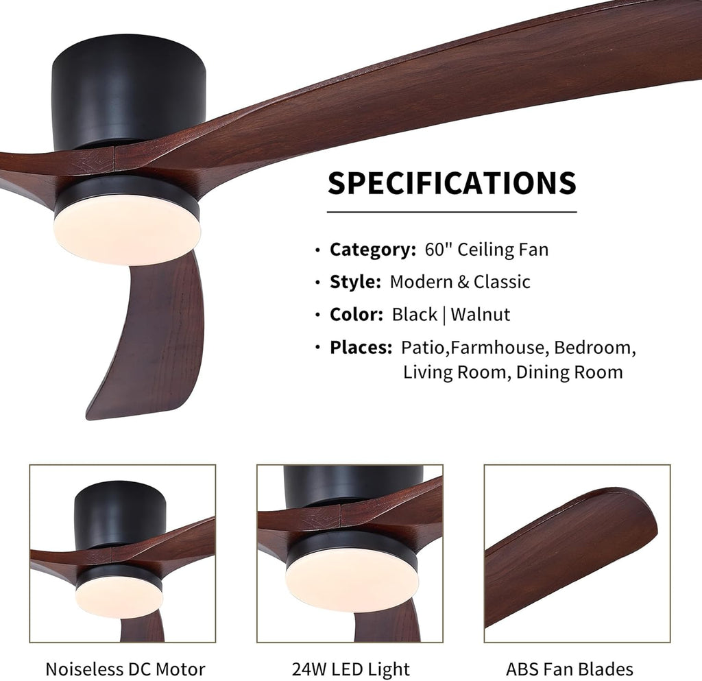 Modern 60 Inch Low Profile Flush Mount Ceiling Fan with LED Lights and Remote Control - 3 Wood Blades, Reversible DC Motor, 6 Speeds - Walnut and Matte Black