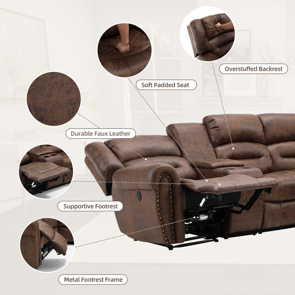 Faux Leather Reclining Sectional Couches, L-Shaped Power Recliner Sofa Corner Sectional Couch Home Furniture Set