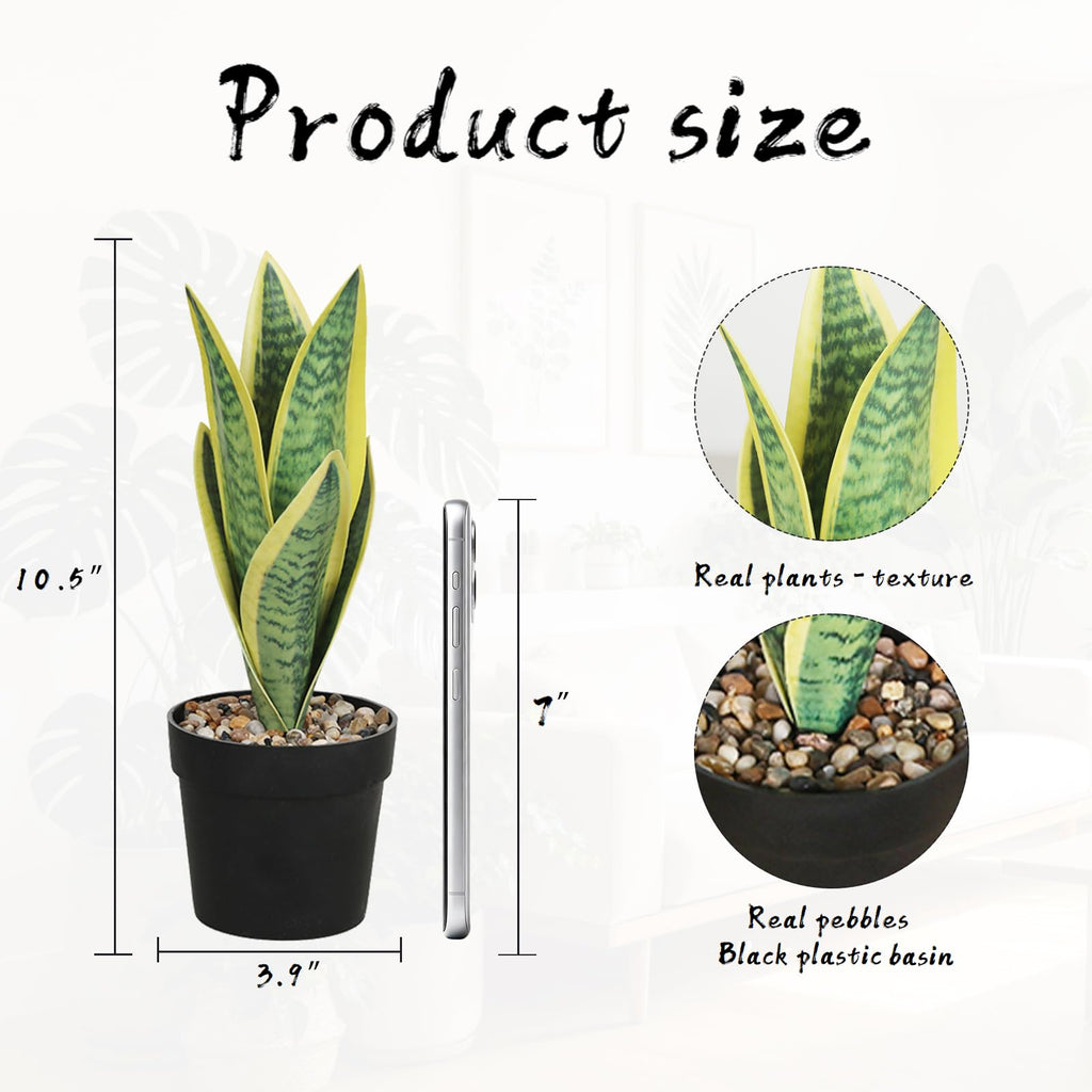 Mini plants Small Artificial Snake Plant in Black Pot 10.5" - Green