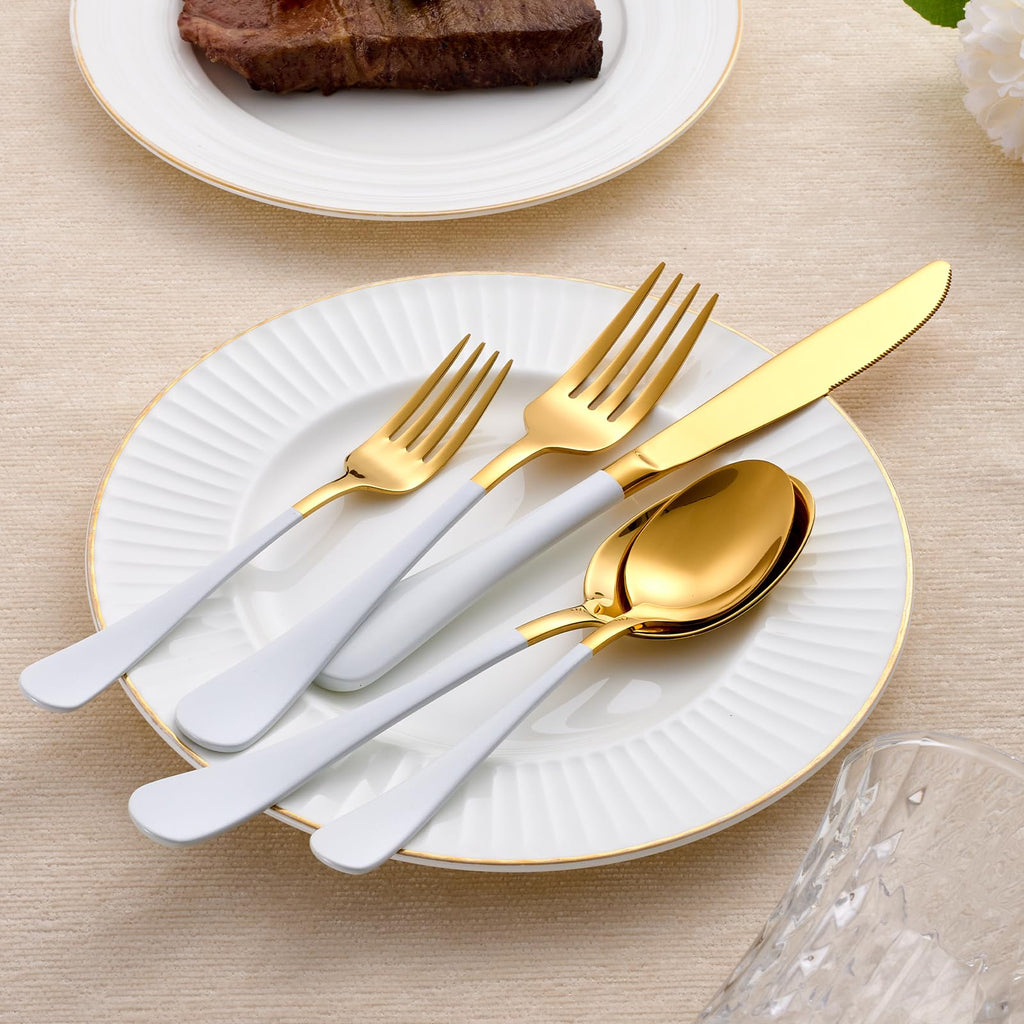20-Piece White and Gold Silverware Set 18/0 Stainless Steel Silverware Set White Handle Cutlery Set Service for 4