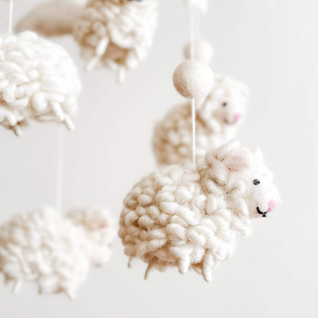 Felt Counting Sheep Nursery & Crib Mobile for Boys & Girls, Boho Baby Decor, Natural Wool & Wood Hanging Mobile