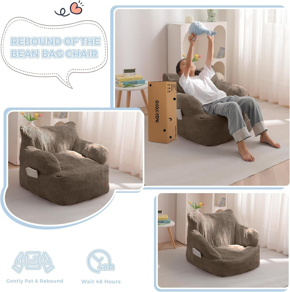 Kids Bean Bag Chair, Stuffed Bean Bag Sofa, Brown, Standard