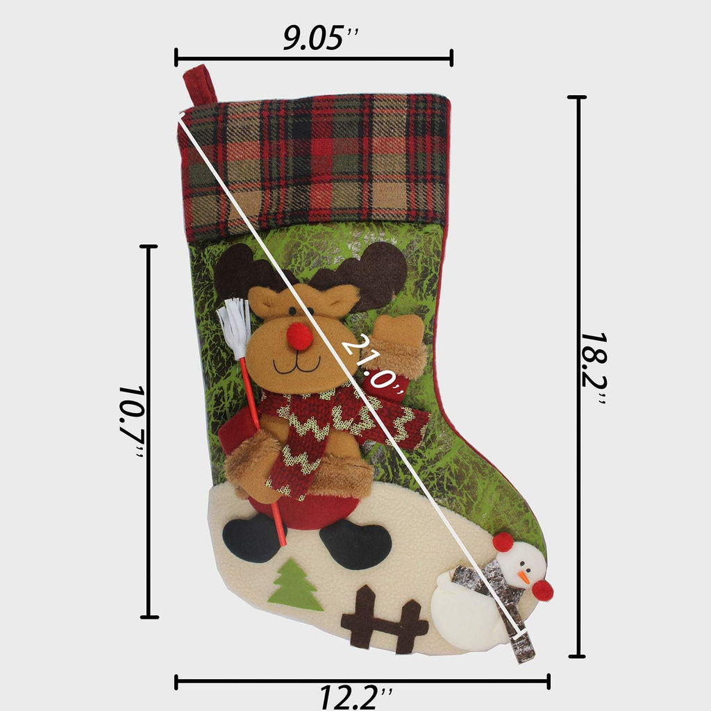 21 inch Plaid Christmas Stockings Deer, Bear, Animal One Piece, Felt Large Plush 3D Reindeer Snowman Design Hanging