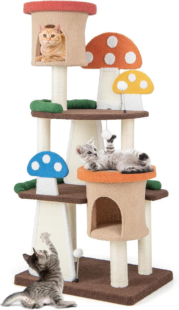 Mushroom Cat Tree, Multi-Level Cute Cat Tower with Full-Wrapped Sisal Posts, Scratching Boards & Interactive Balls, 2