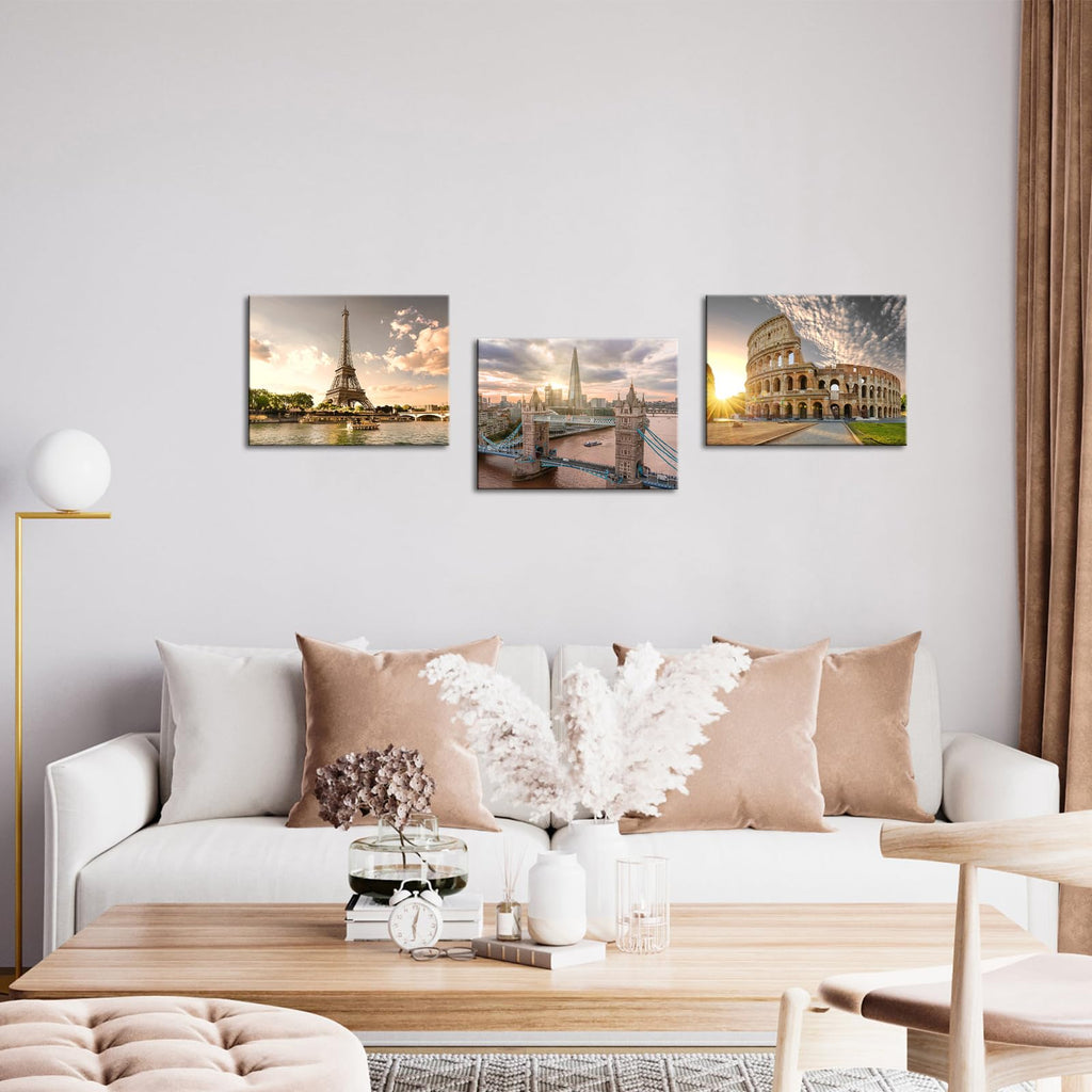 European Cityscape Wall - Paris Eiffel Tower, London, Rome Canvas Prints - Framed Landscape Paintings Decor - Ready