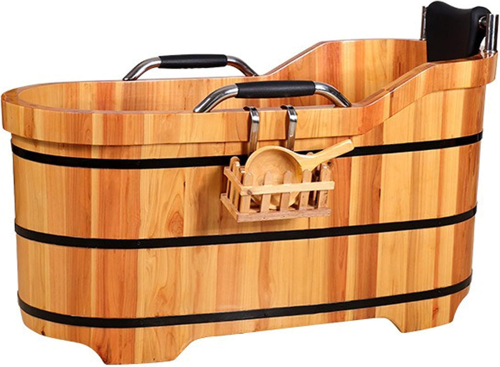 Japanese Style Wooden Soaking Tub with Steamer, Deep Cedar Bath Barrel for Adults, Freestanding Spa Bathtub for Home