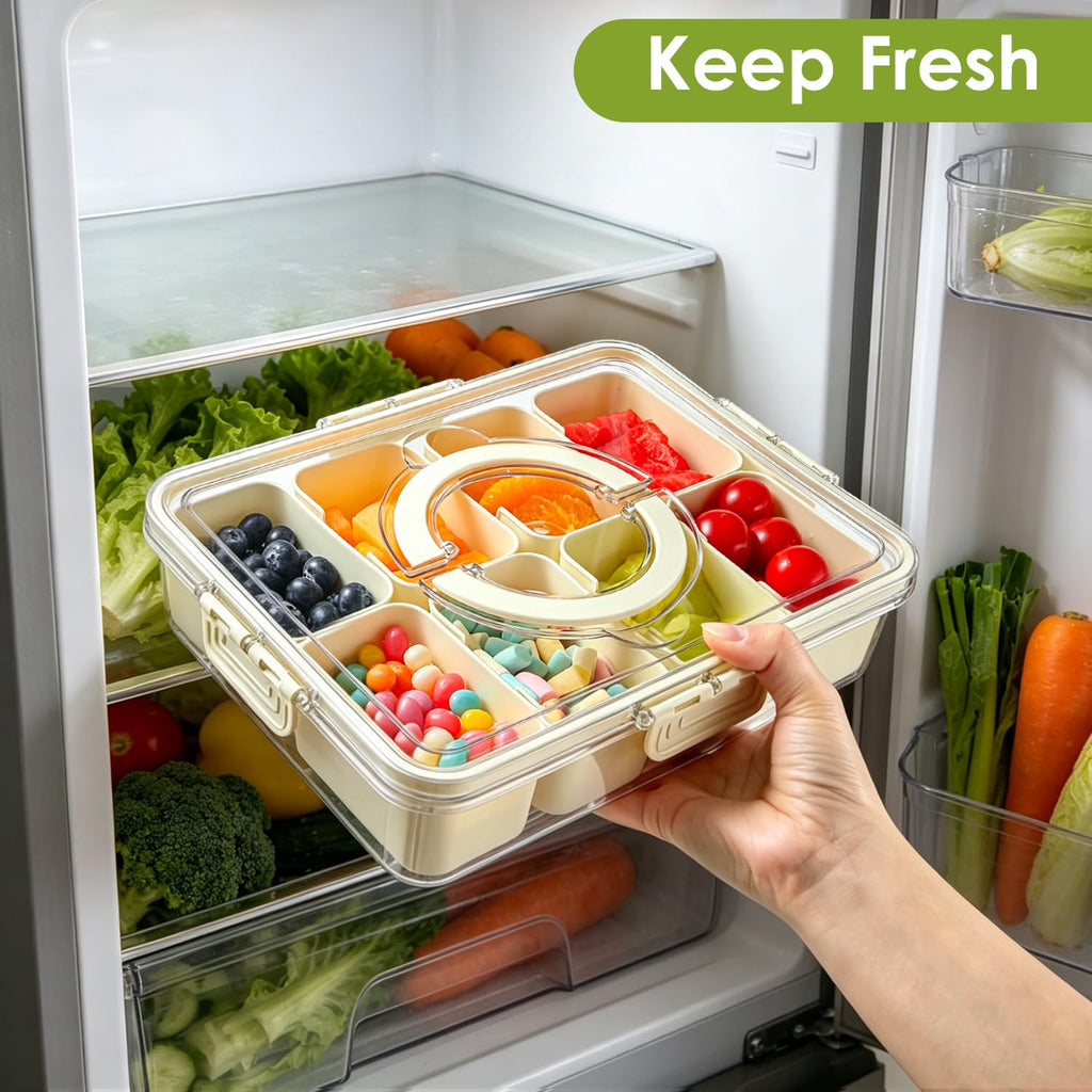 Divided Serving Tray with Lid and Handle, 8 Compartment Snack Box, Portable Snack Platter for Fruits, Veggies, Nuts