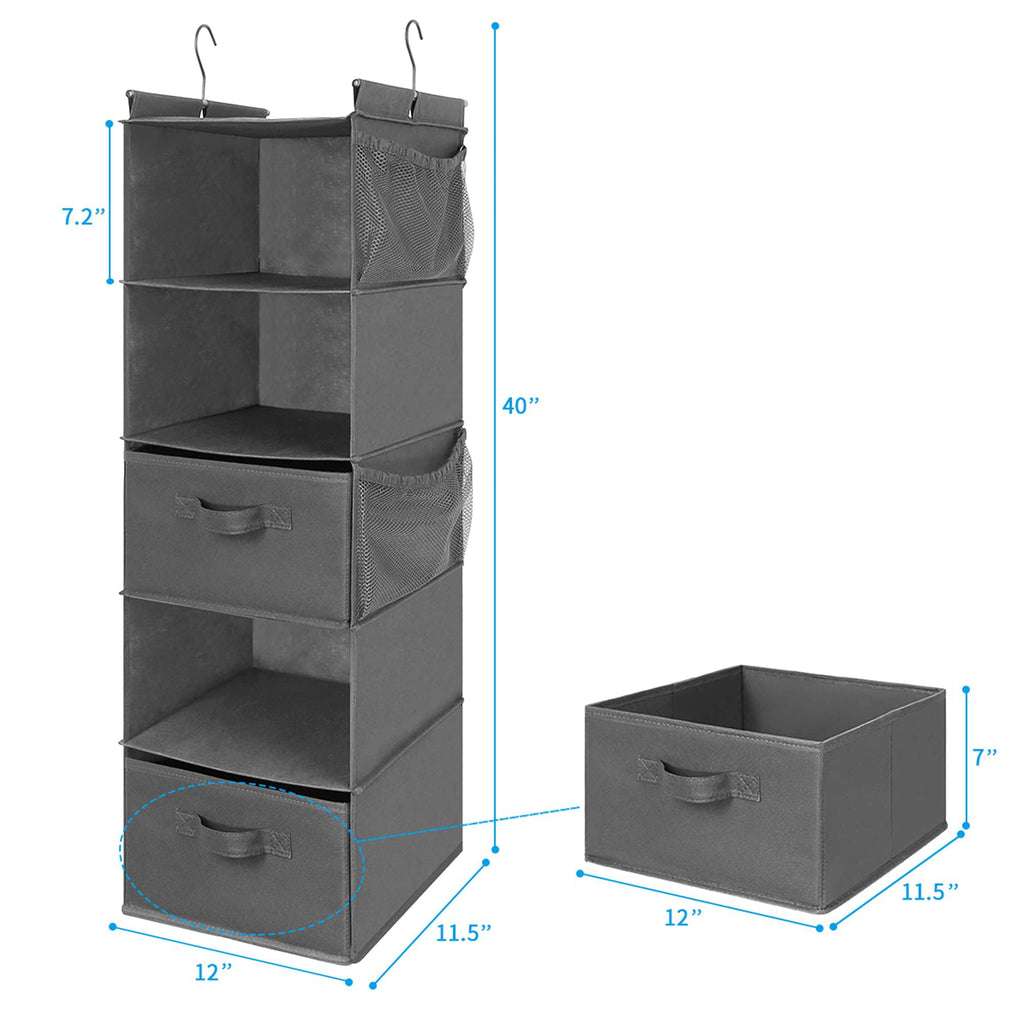 5 Tier Shelf Hanging Closet Organizer, Cloth Hanging Shelf with 2 Sturdy Hooks for Storage, Foldable (Grey-D2)