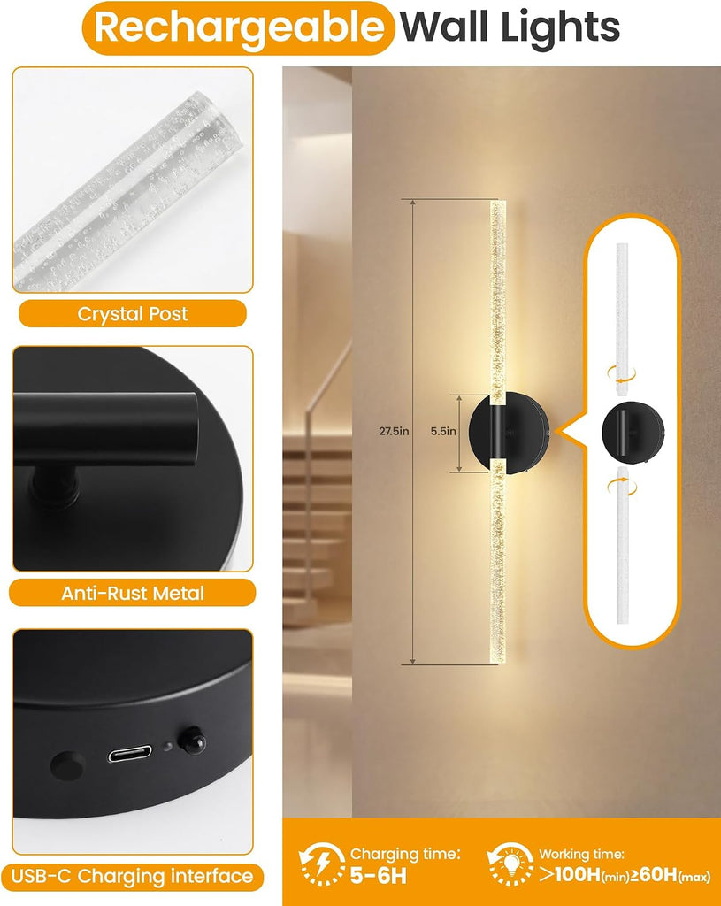 Crystal-Inspired Bubble Battery Operated Wall Sconce Set of 2, 10000mAh 3 Color Temps Rechargeable Wall Lights with