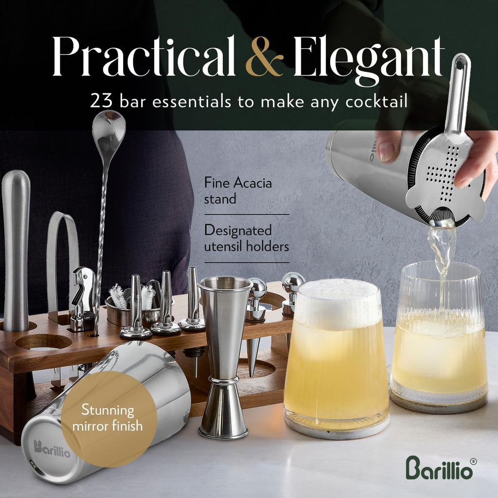 Bartender Kit - 23-Piece Stainless-Steel Cocktail Shaker Set with Premium Acacia Stand | Martini Barware Mixing Tools - Set of 23