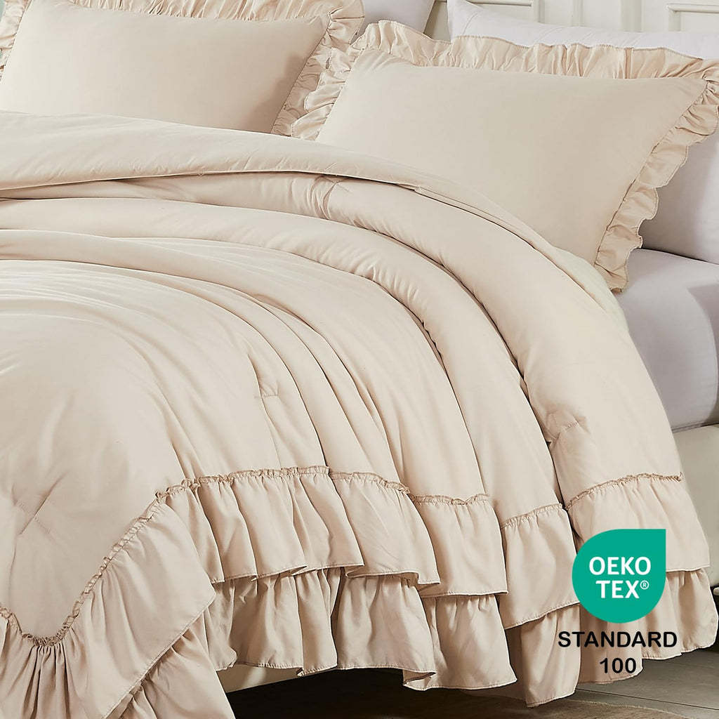 Beige Comforter Set, 3Pcs Comforters Ruffle Farmhouse Bedding Sets with Comforter, Lightweight Soft