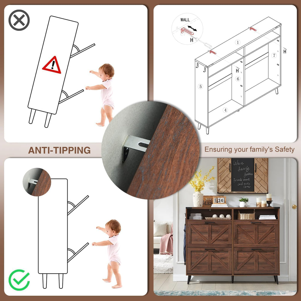 Farmhouse Shoe Storage Cabinet with 4 Flip Drawers & Open Storage