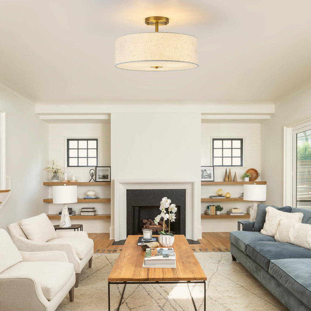 Semi Flush Mount Ceiling Light, 16" Linen Drum Shade, Matte Brass