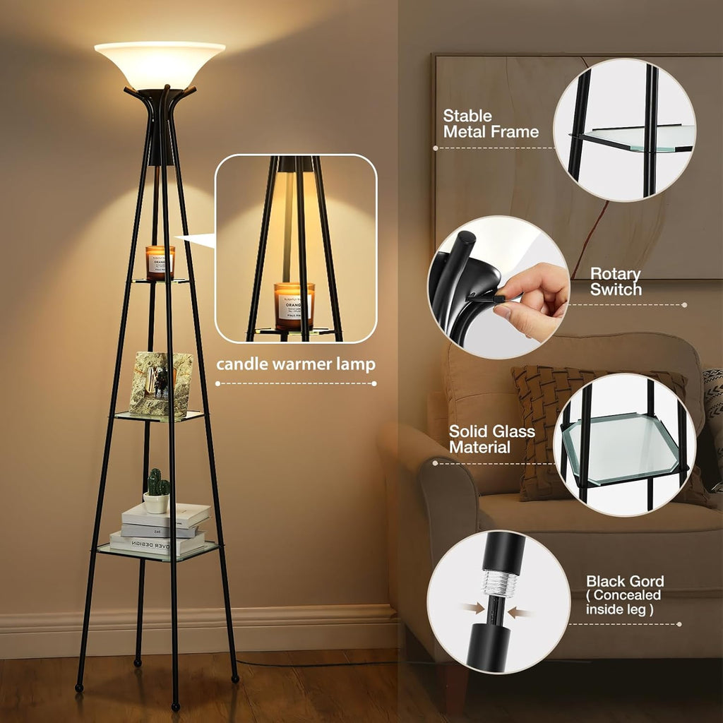 Floor Lamp with Shelves, 69” Tall Torchiere Floor Lamps, 3-Tier Glass Shelf Lamp