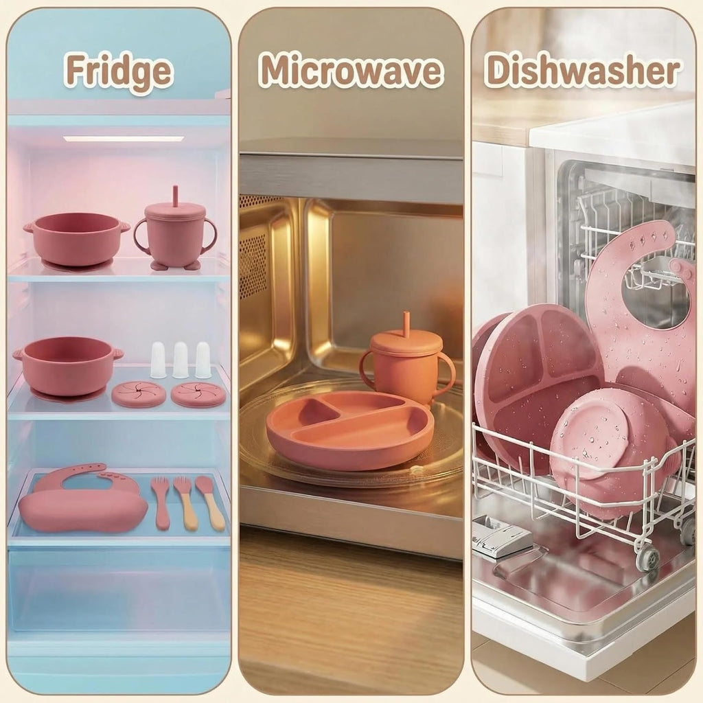Feeding Set with Suction Bowls, Divided Plate, Adjustable Bib, Wooden Handle Utensils, Training Cup, Piece Weaning