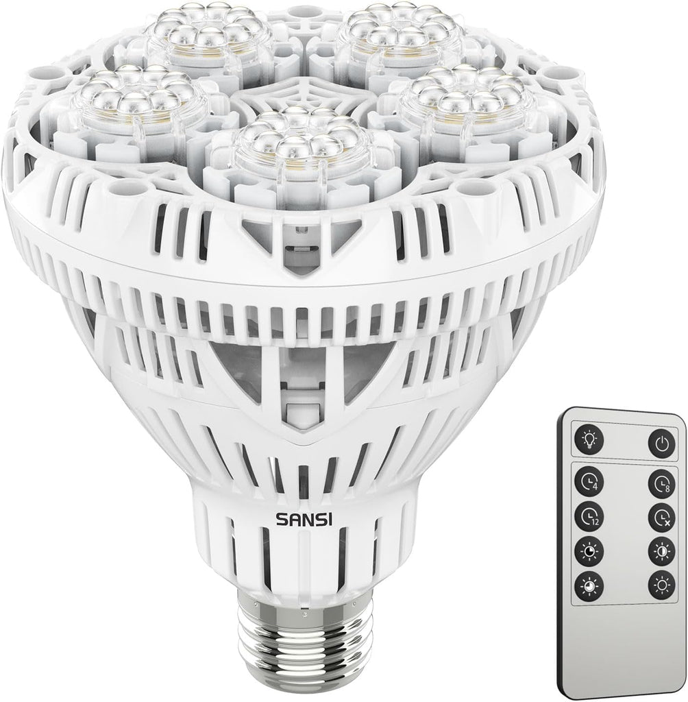 Dimmable Grow Light Bulb Full Spectrum, High PPFD 30W Grow Bulb (450 Watt Equiv) with Remote, Auto On Off Timing 4 8