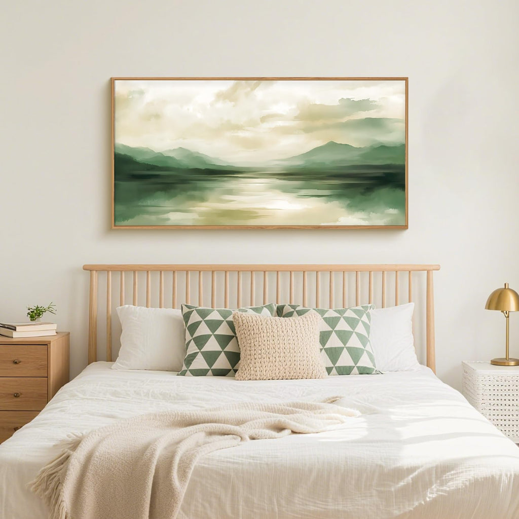 Sage Green Abstract Canvas Wall Art Set of 3, Framed Beige White Landscape Painting, Neutral Watercolor Mountain