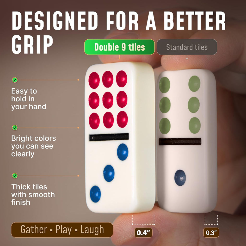Double 9 Dominos Set for Adults and Kids with Colored Dots - Classic Dominoes Game Set with 55 Tiles, Wooden Hub
