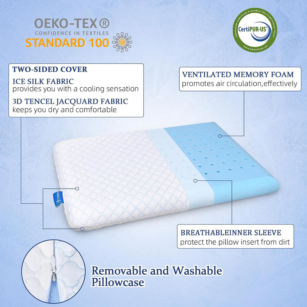 Ultra Thin Flat Pillows for Sleeping Standard Size Set of 2, Cooling Memory Foam Pillow 2.75 inch Height Ultra Thin
