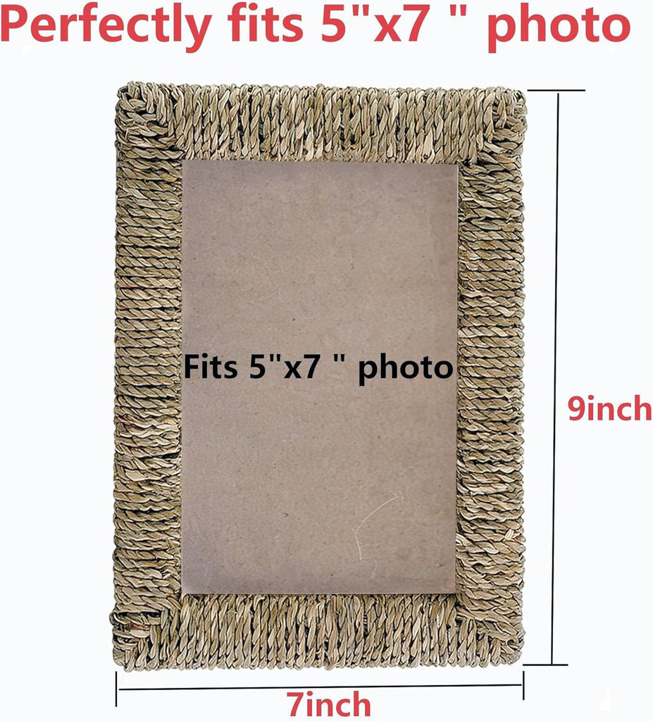 2 Pack 5x7 Boho Rattan Picture Frame, Handwoven Seagrass Woven Photo Frame with Acrylic Glass, Rustic Tabletop Frame