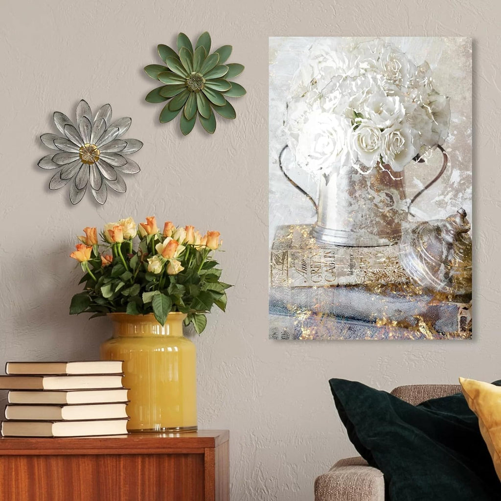 Metal Flower Wall Sculpture,12" Green Rustic Modern Floral Artwork